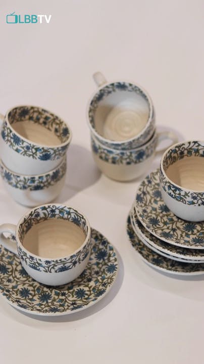 Blue Floral Print Stoneware Painting Tea Cup and Saucer - Set of 6