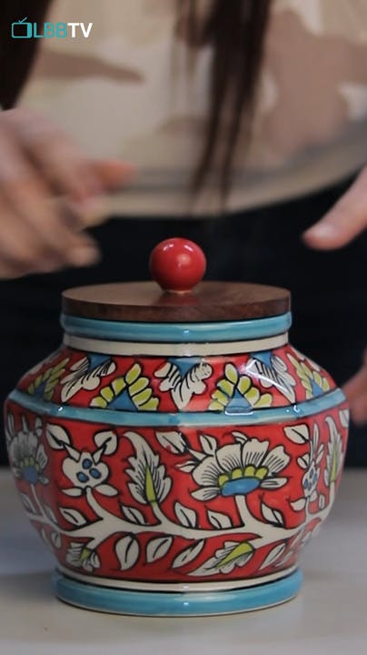 Hand Painted Red Mughal Ceramic Barni/ Jar with Wooden Lid